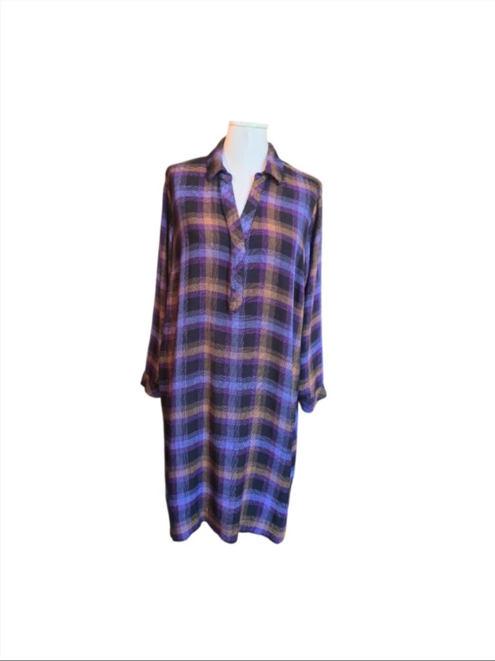 J Jill Tunic Dress Women Size XL petite Purple Brown Plaid Casual Pockets tunic